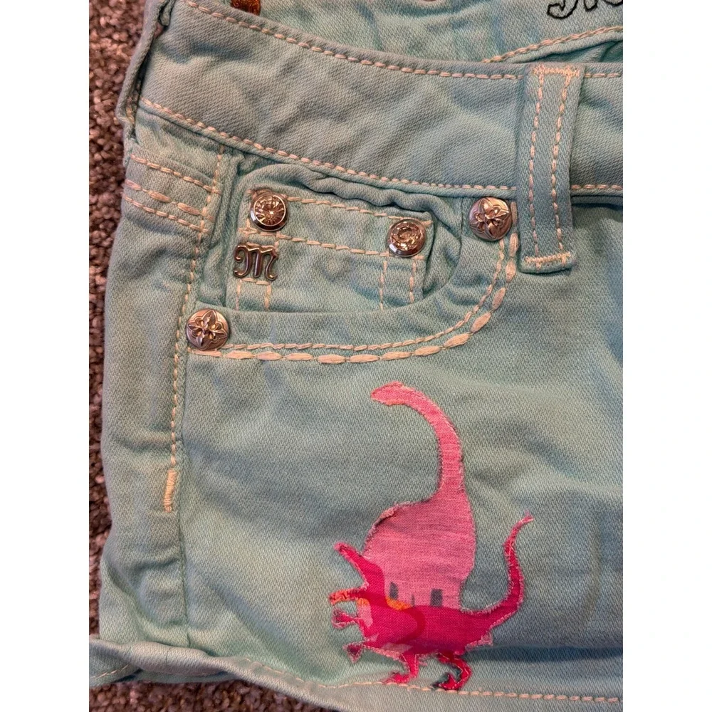 Miss Me Shorts Girls 10 Aqua JK5180H13 Dinosaur Rhinestone Embellished Denim